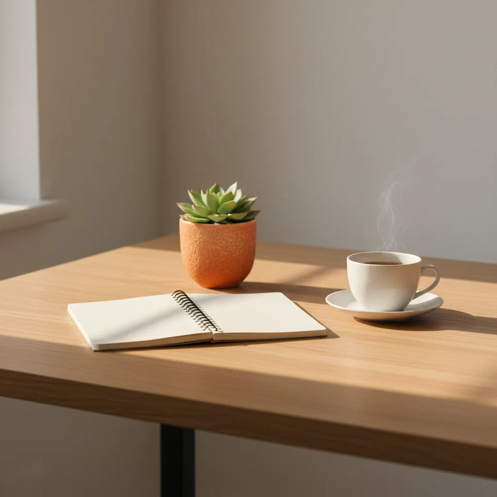 Ryddeligt arbejdsbord med notesbog, plante og en kop te i varmt morgenlys