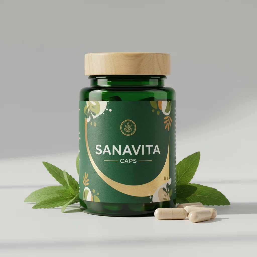 SanaVita Caps mørk grøn glasbeholder med sølvlåg og ingredienser